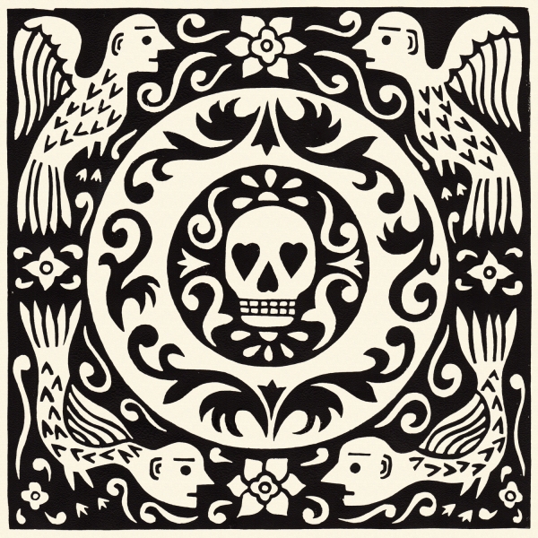 skull and birds linocut print